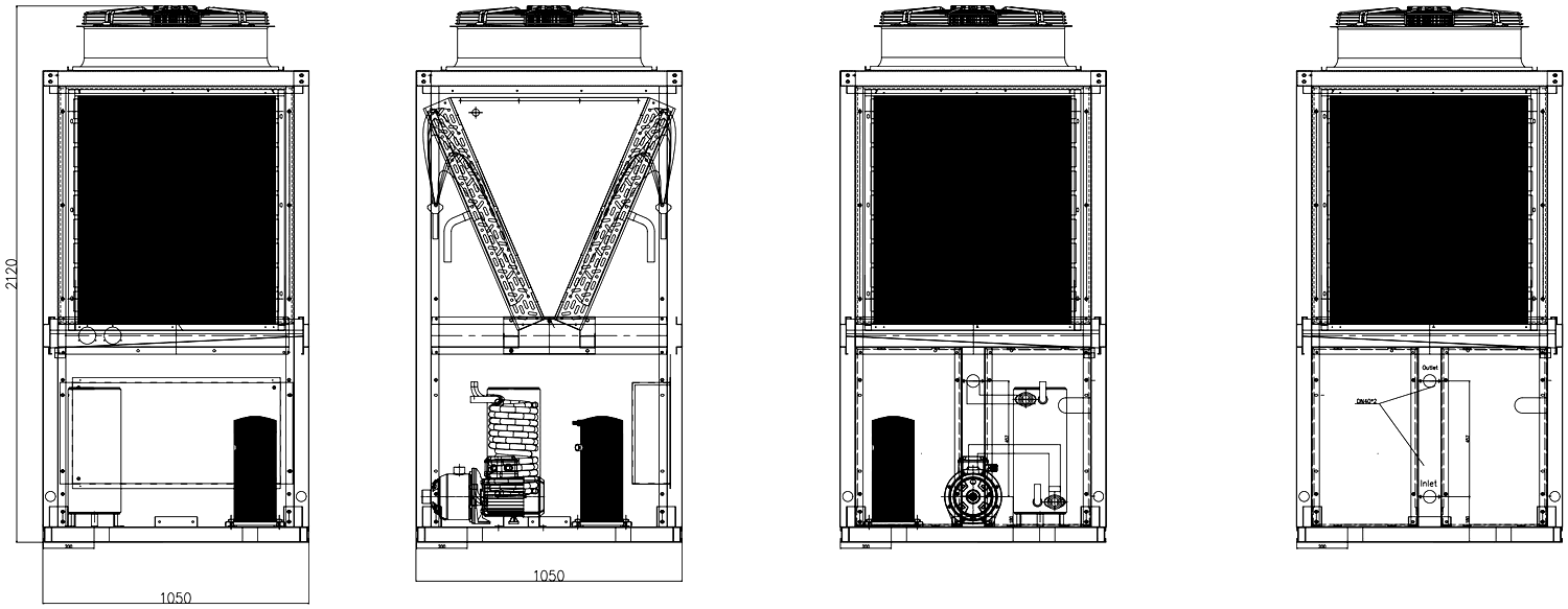 Reference general-arrangement drawing, V-coil cabinet, vertical discharge