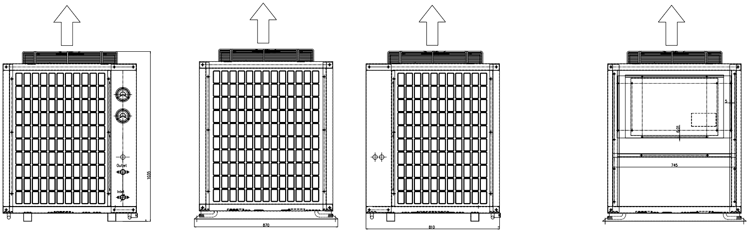 Reference general-arrangement drawing, Single-compressor cabinet, vertical discharge