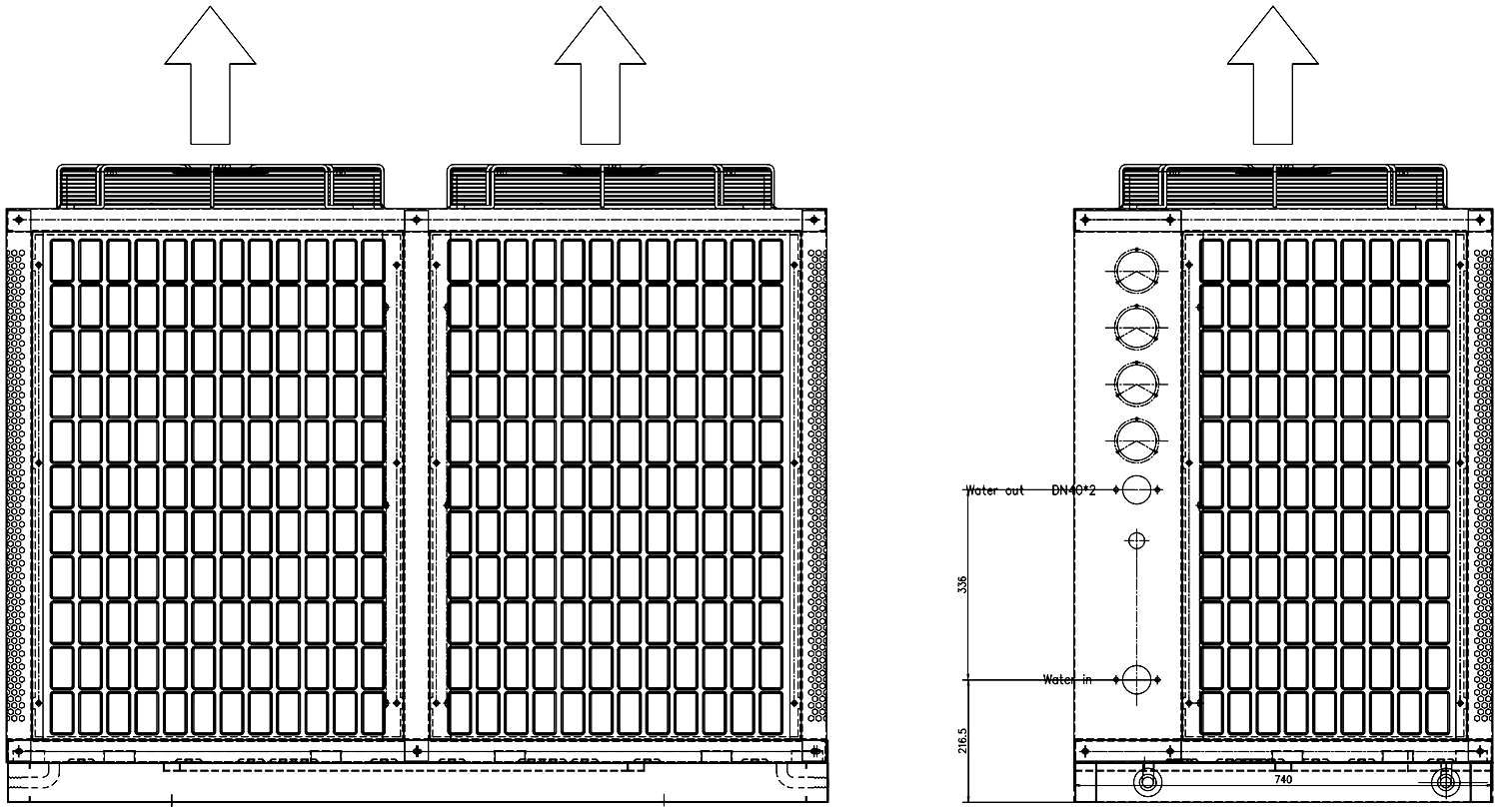 Reference general-arrangement drawing, Twin-compressor cabinet, vertical discharge